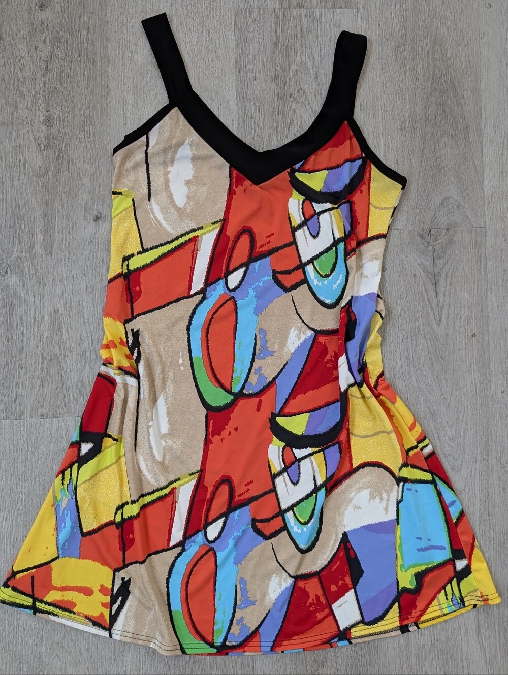 Gitane Abstract Graffiti Festival V-neck Multicolor Babydoll Flowy Mini Dress L - Picture 2 of 9
